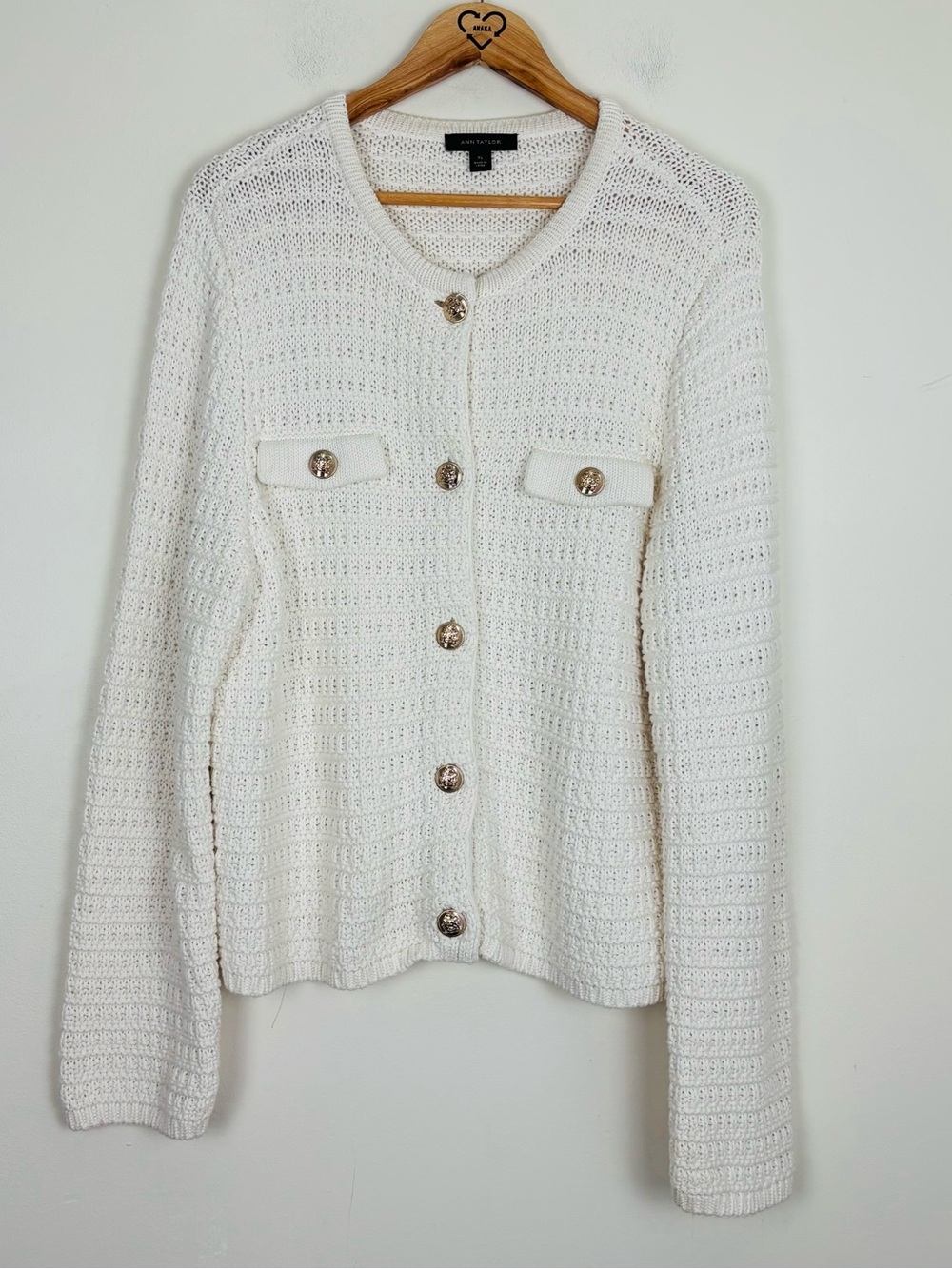 Ann Taylor Cream Ivory textured cardigan lady jacket sweater gold button. XL - Picture 2 of 5